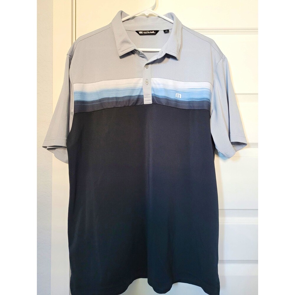 TravisMathew Men’s XL Colorblock Polo Shirt Gray Black Blue Short Sleeve Logo